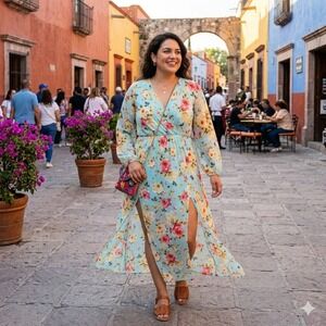 Zenobia Floral Mesh Romper Maxi Dress Womens 1XL Blue NEW Long Sleeve ZA2203P